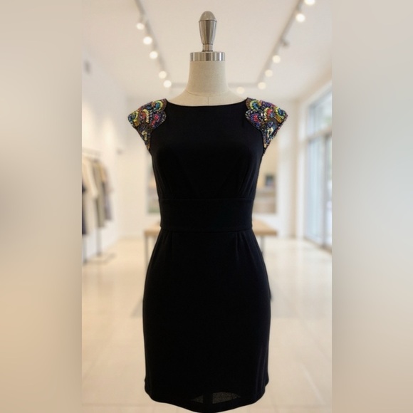 Trina Turk Black Mini Dress with Colorful beaded and embroidered Sleeves size 4 - Picture 2 of 5